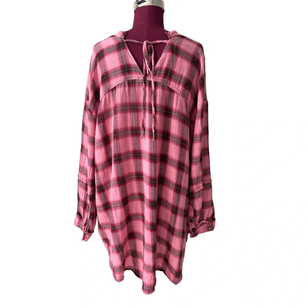 Free People Tunic Shirt One of the‎ Boys Plaid Boho Slouchy Lagenlook Pink Large